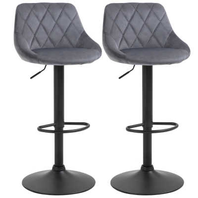HOMCOM 2-Pack Bar Stools, Height-Adjustable Bar Chair with Backrest, Velvet-Look, Metal Frame, Footrest, Swivel, Dark Gray