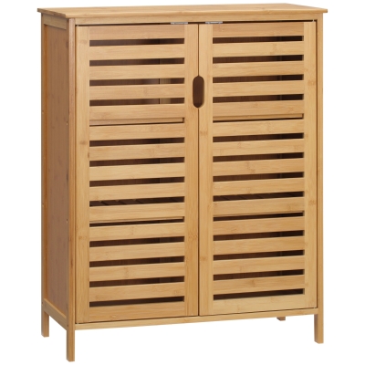 kleankin Bamboo bathroom cabinet, freestanding bathroom cupboard with double slatted doors, 68 x 32 x 86 cm, natural