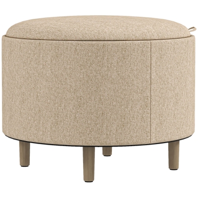 HOMCOM Round Ottoman Footrest Stool with Storage Compartment, Reversible Tray, 3-in-1 Furniture, Solid Wood Legs, Beige