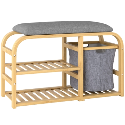 HOMCOM Shoe Bench with Cushion, 2 Slatted Shelves and Sliding Fabric Basket, 70x30x45cm, Natural Wood