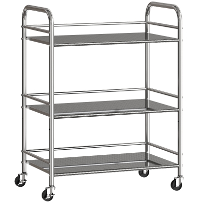 HOMCOM 3 Tier Stainless Steel Kitchen Storage Trolley with Adjustable Shelf - Silver