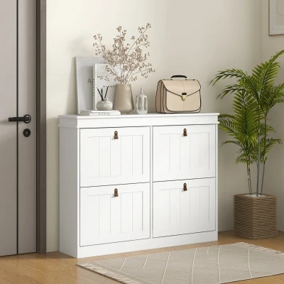 HOMCOM Shoe Cabinet 20 Pairs, Shoe Storage Cabinet, 4 Flip-Down Drawers, Adjustable Shelves, 105x24x82.5cm, White