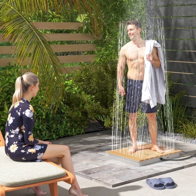 Outsunny Floor shower Garden shower with adjustable foot wheel Aluminum up to 4 m fountain height 70 x 55 cm Natural wood