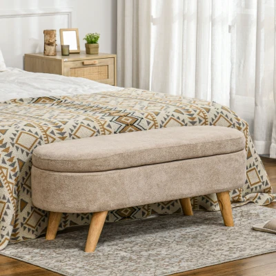 HOMCOM 2-in-1 fabric storage bench and end-of-bed ottoman with wooden legs 110l x 40P x 43H cm cm beige
