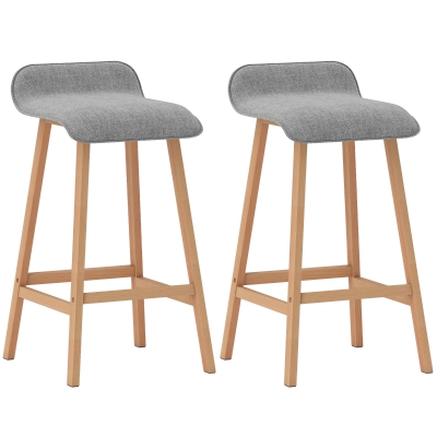 HOMCOM Scandinavian-style Bar Stools - Set of 2 Bar Stools with Footrest - Pine Wood Polyester Linen-Look Grey