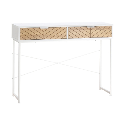 HOMCOM Industrial Console Table 2 Drawers Sculpted Oak Wood Effect Chevron Pattern Metal Legs White
