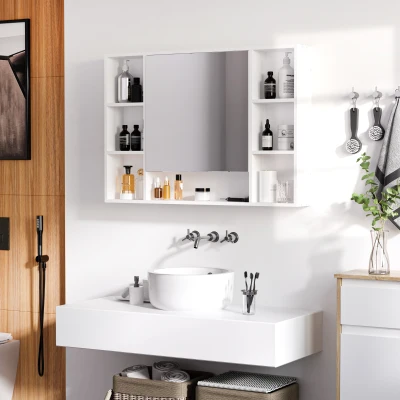 kleankin Bathroom wall cabinet with mirror, bathroom furniture, 7 open shelves and cupboard, 100 x 15 x 70 cm, white