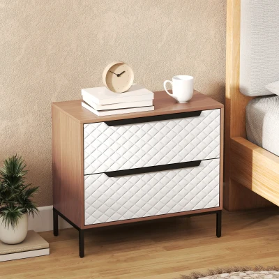 HOMCOM Commode 2 Tiroirs Tissu Motif Losange Naturel Blanc