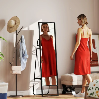 HOMCOM Freestanding Rectangular Mirror 148.5 x 40 cm with Rear Shelf, 2 Hooks and Metal Frame, Black