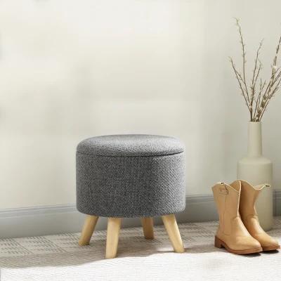 HOMCOM Round Ottoman Footstool with Storage Compartment and Wooden Legs, Modern Gray