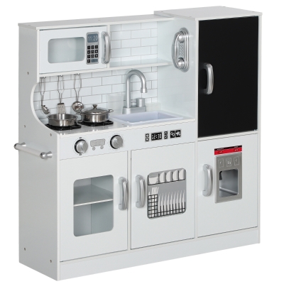 AIYAPLAY Pretend Play Kitchen, Kids Kitchen Playset, with Toy Phone, Chalkboard, Microwave, Cooking Stove, Sink, White