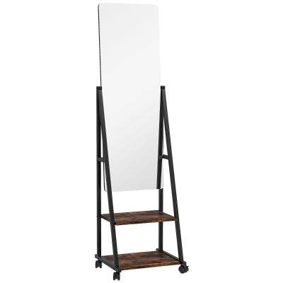HOMCOM Rectangular standing mirror rolling floor mirror with adjustable angle 2 shelves 4 casters black and rustic brown