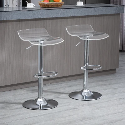 HOMCOM Set of 2 Contemporary Bar Stools with Acrylic Seat and Metal Base - 360° Swivel - Height Adjustable with Footrest - Transparent