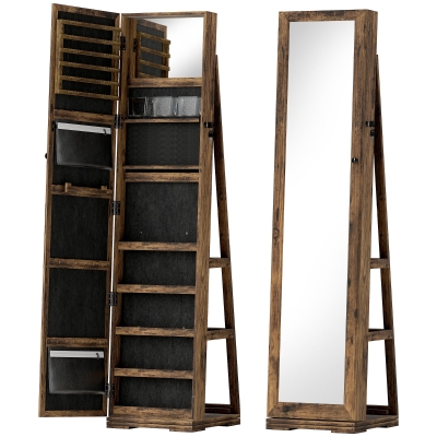 HOMCOM 360° Swivel Jewellery Cabinet, Free Standing Full Length Mirror with Storage, Lockable Jewellery Organiser with Built-in Makeup Mirror and Storage Shelves for Bedroom, Rustic Brown