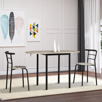 HOMCOM Extendable Oval Table and 2 Chairs Set - Drop-Leaf Table - Metal and MDF - Black and Natural