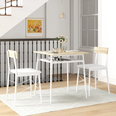 HOMCOM Dining table and chairs set, kitchen table with chairs, steel frame, with 2 tuck-under chairs, white and oak