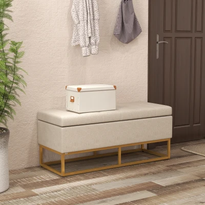 HOMCOM Storage bench chest 2-in-1 button-tufted seat and steel legs 110 x 44 x 48 cm beige and gold