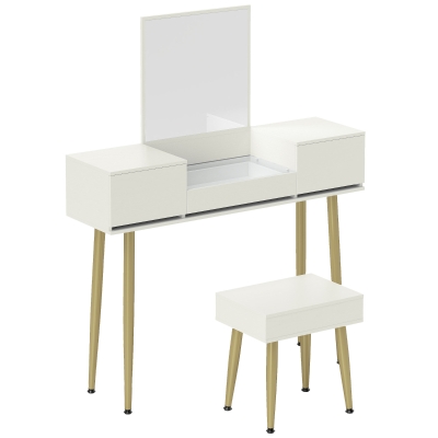 HOMCOM Vanity with mirror and stool with 3 drawers and metal legs, tempered glass top, white