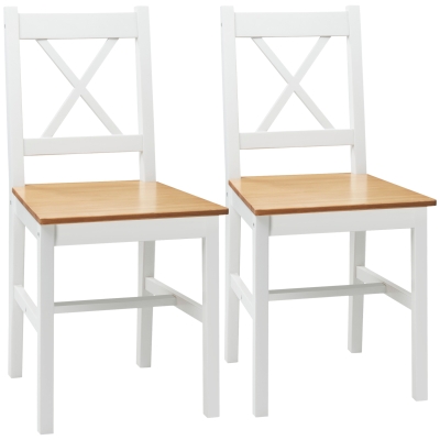 HOMCOM Set of 2 solid wood dining chairs, country-style kitchen chair, cross-back, white and oak