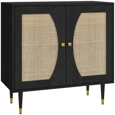 HOMCOM Bohemian kitchen sideboard storage cabinet, double doors with 2 shelves, rattan front, 80 x 38 x 79 cm, black