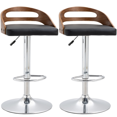 HOMCOM Set of 2 Contemporary Design Bar Stools Adjustable Seat Height 360° Swivel PU Synthetic Upholstery Black Slatted Wood-Effect Backrest