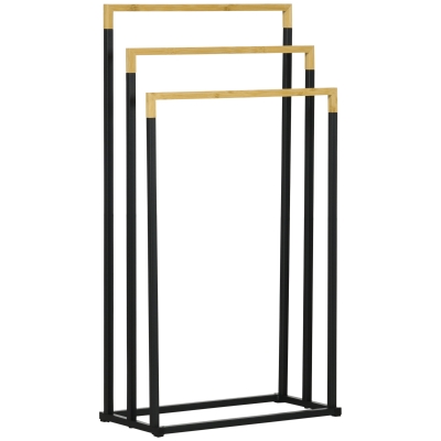 kleankin Bamboo and Steel Freestanding Towel Rack with 3 Towel Bars 45 x 22.5 x 86 cm black and natural