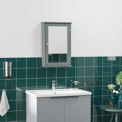 kleankin Wall-mounted bathroom cabinet with mirror - toilet storage cupboard - 1 door, 2 shelves - Glass and Wood gray