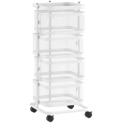 HOMCOM 4-Basket Rotating Trolley on Wheels, Fruit & Vegetable Cart, Top Tray, Steel Wire Shelf, 33x33x77 cm, White