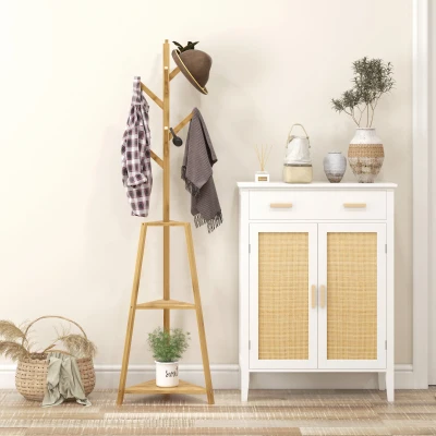 HOMCOM Bamboo Wooden Free-Standing Coat Rack Clothes Stand 8 Hooks 3 Shelves 46 x 46 x 175 cm Natural