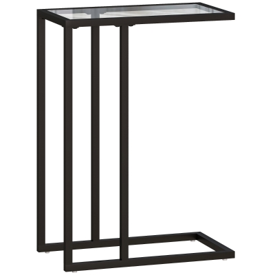 HOMCOM C-Shaped Side Table with Tempered Glass Top, Steel Frame, Black