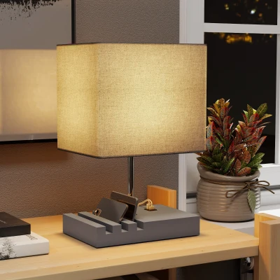 HOMCOM Modern Table Lamp Wood Base USB Ports Grey