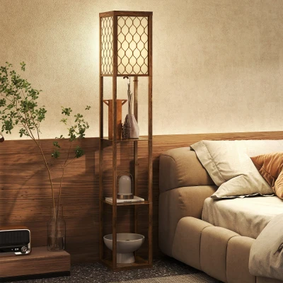 HOMCOM Standing Lamp 3-Shelf Rustic Brown White