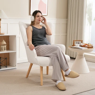 HOMCOM Bouclé Fabric Armchair, Tufted Upholstered Chair with Wooden Legs, 71 x 74 x 96 cm, Beige