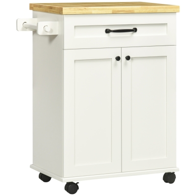 HOMCOM Multi-storage kitchen trolley on wheels 1 drawer 1 cabinet 1 towel rack white with wooden top