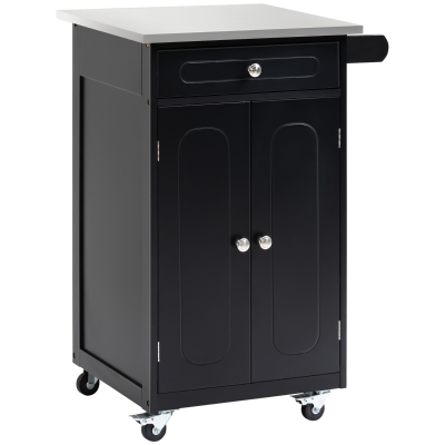HOMCOM Multi-storage wheeled kitchen serving cart, 1 drawer, 2-door cabinet with shelf and towel holder, MDF, black, stainless steel