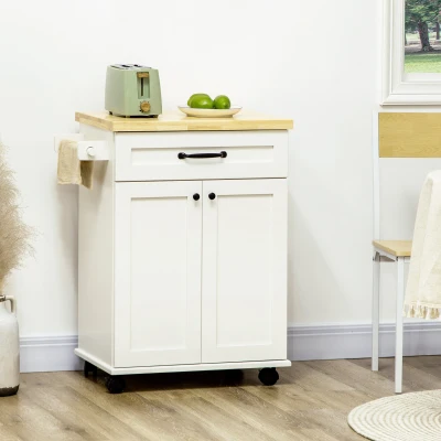 HOMCOM Multi-storage kitchen trolley on wheels 1 drawer 1 cabinet 1 towel rack white with wooden top