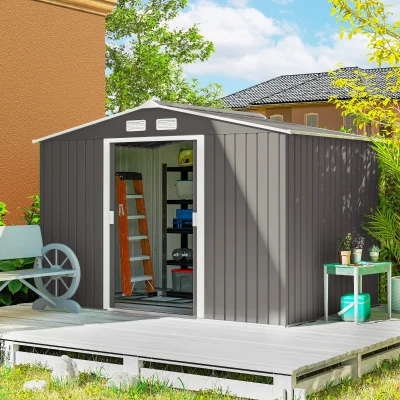 Outsunny 9 x 6FT Outdoor Garden Roofed Metal Storage Shed Tool Box with Foundation Ventilation & Doors Light, Grey