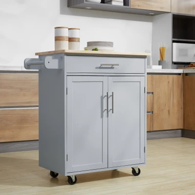 HOMCOM Kitchen serving cart on wheels, service trolley, kitchen island with drawer, cabinet and towel holder - gray