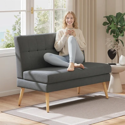 HOMCOM Sofá para 2 personas, respaldo capitoné, patas de madera, acolchado grueso, tipo lino, para espacios pequeños, gris