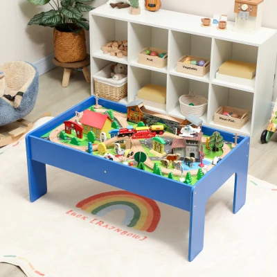 AIYAPLAY Spieltisch, 108-teiliges Eisenbahn-Set aus Holz, mit abnehmbarer Tischplatte, Eisenbahntisch, 98x60,5x40 cm, Blau