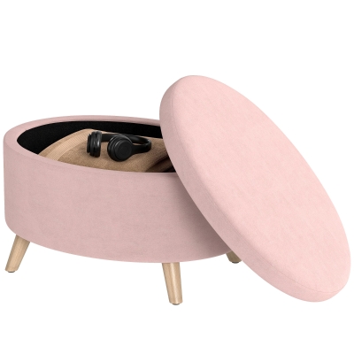 HOMCOM Pouf Ovale Velours Rose Clair avec Rangement et Pieds Bois