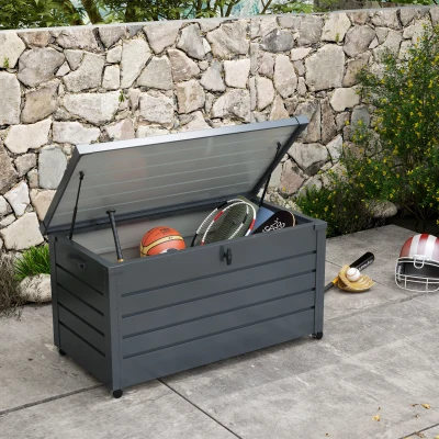 Outsunny Baúl de Exterior de Acero Galvanizado con 4 Ruedas 2 Asas y 1 Cerradura con Llave 120x62x66 cm Gris Oscuro