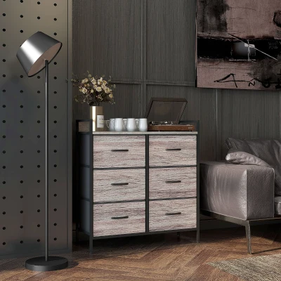 HOMCOM Comodă, mobilier de depozitare pentru dormitor cu 6 sertare din material nețesut, cadru din oțel, 79 x 29 x 85 cm, efect lemn gri