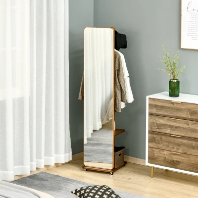 HOMCOM Oglinda de Podea pentru Hol cu Rafturi si Cuier Suspendat din MDF/Sticla, 40x44.5x170 cm, Nuc