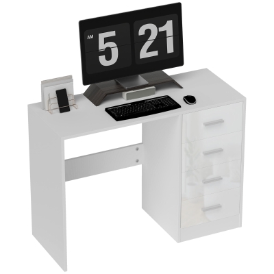 HOMCOM Computer Desk with Drawers, Dressing Table, High Gloss Home Office Writing Workstation, White