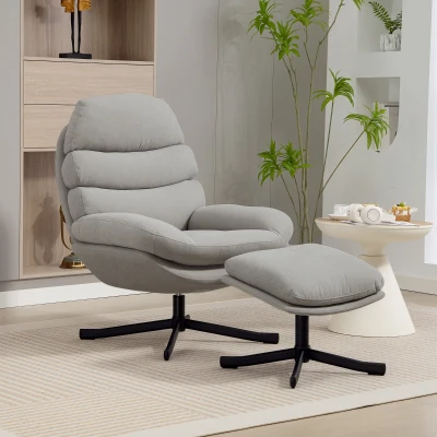 HOMCOM Fotel wypoczynkowy z podnóżkiem, fotel lounge z tkaniny chenille, nowoczesny fotel do oglądania TV, 78 x 93 x 100 cm, jasnoszary