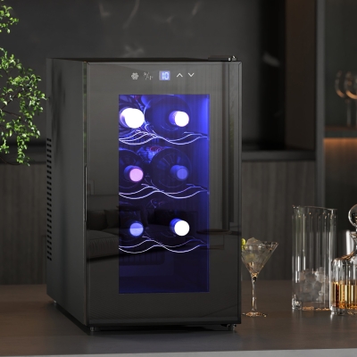 HOMCOM Vinoteca 8 Botellas con Doble Refrigeración Termoeléctrica Temperatura Ajustable 8-18℃ Puerta de Vidrio Negro