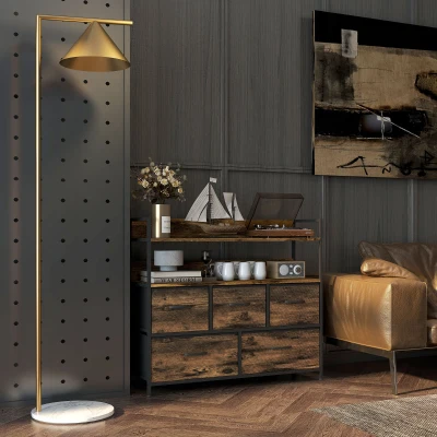 HOMCOM Comodă, mobilier de depozitare, 5 sertare din material textil pliabile și detașabile și rafturi, 98 x 29 x 85 cm, maro rustic