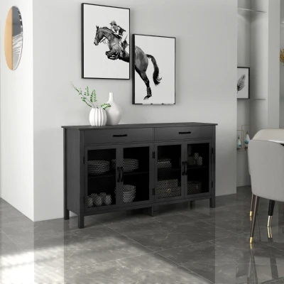 HOMCOM Bufet jos mobilier de depozitare 4 uși cu polițe reglabile și 2 sertare stil industrial 150 x 40 x 85 cm negru