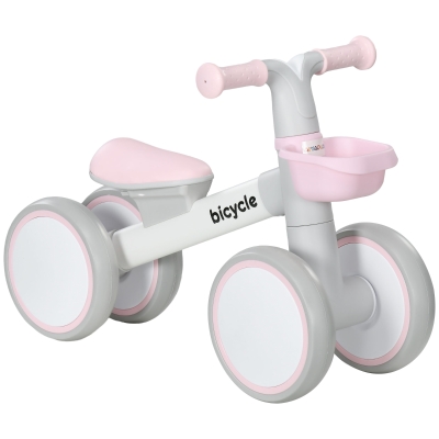 AIYAPLAY Bicicletă de echilibru pentru copii 4 roți șa reglabilă, ghidon ergonomic aliaj aluminiu PP, copii 1-3 ani - Gri Alb Roz